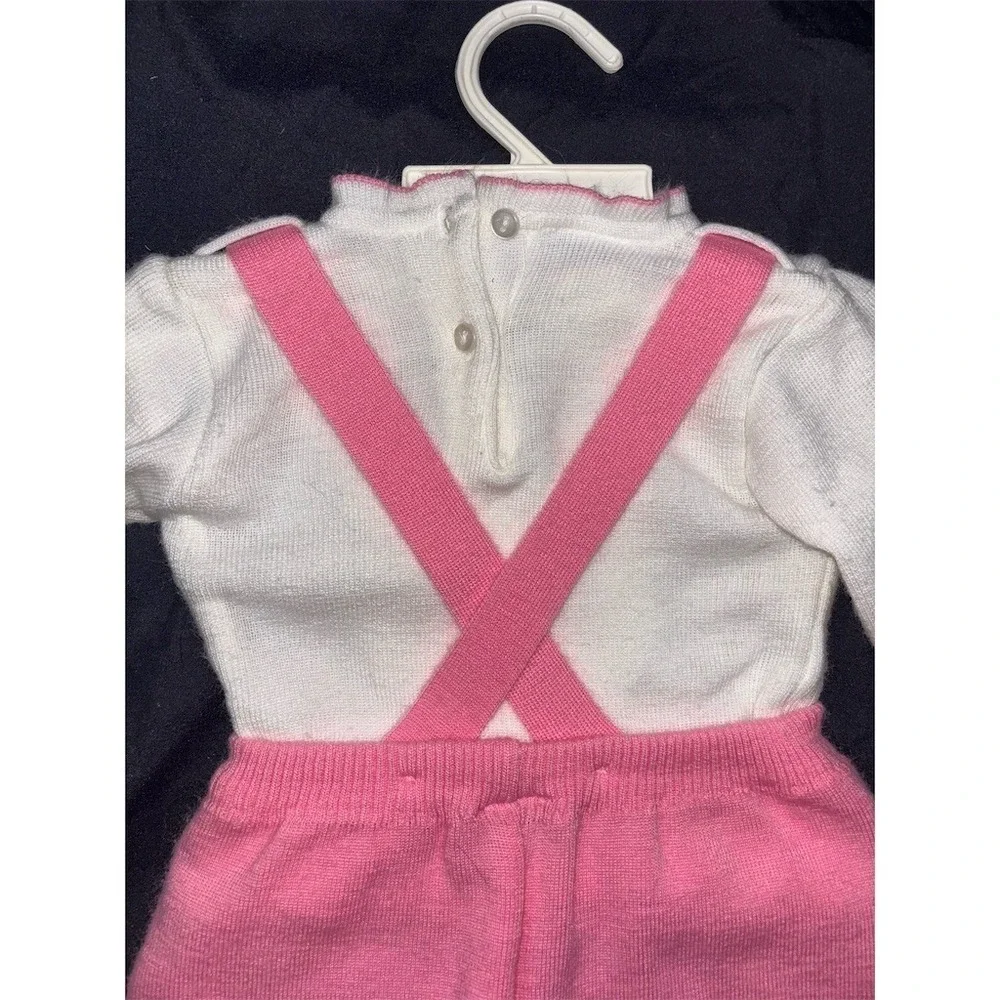 Vintage 1970s Baby Knit Outfit Girl Pink Bunny Suspender Pants Set Size 6-9M NOS